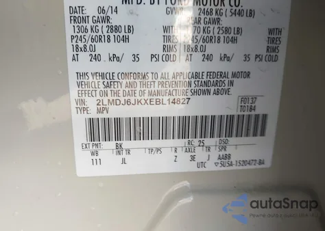 2014 Lincoln Mkx z USA, uszkodzony, nr VIN 2LMDJ6JKXEBL14827